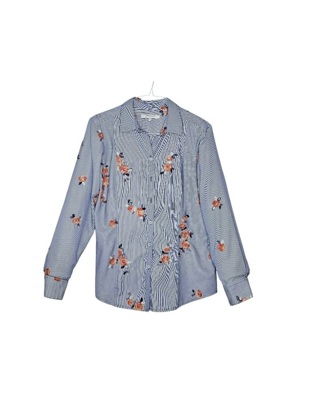 Foxcroft Women's Blue Striped Button-Up Shirt Floral Embroidery Size 12 Shaped